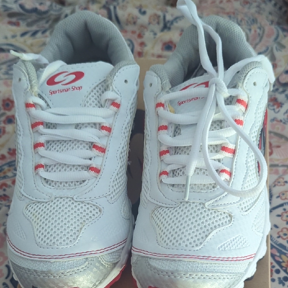 Red and White Athletic Shoes with Chunky Design